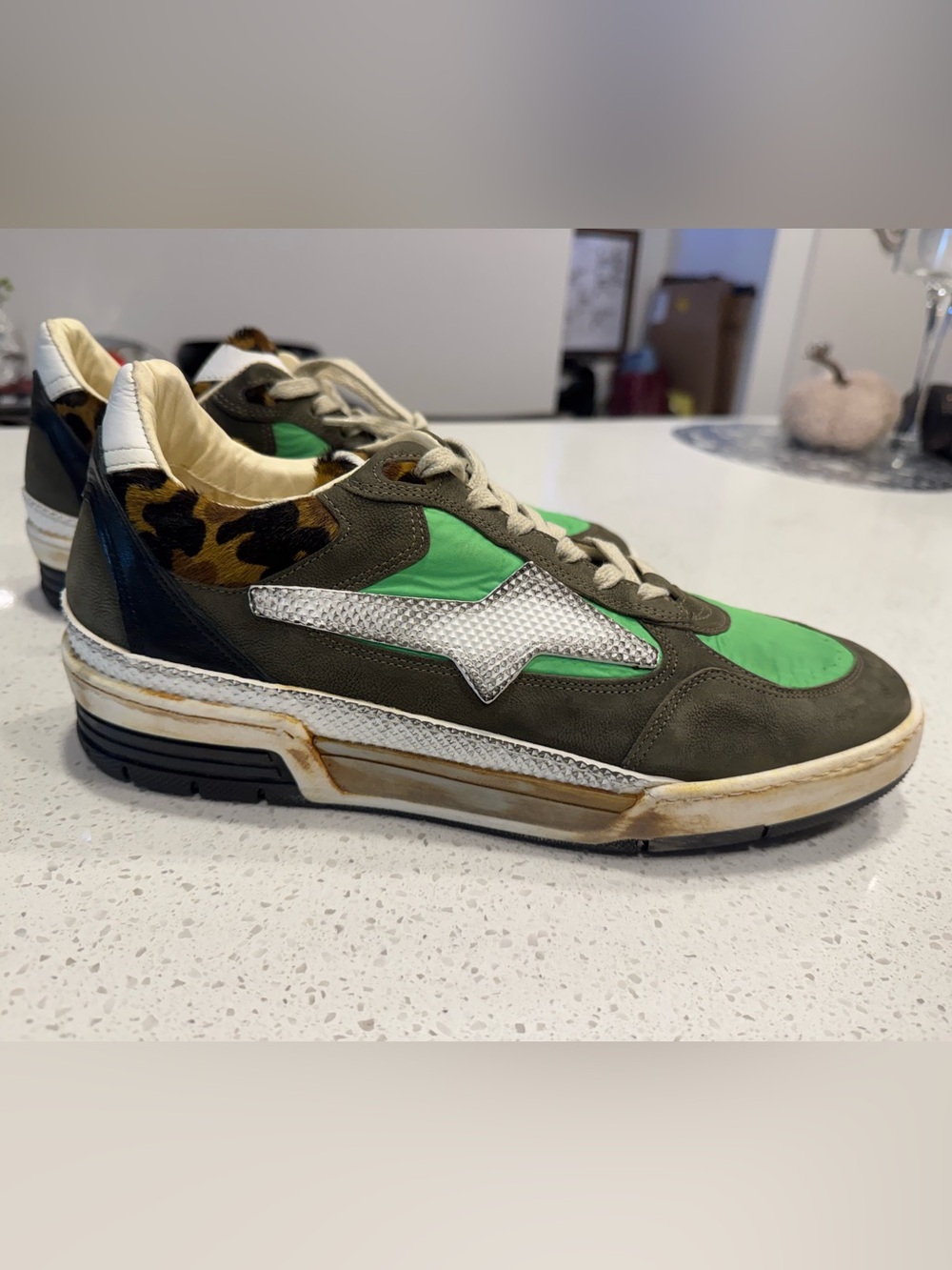 A.S.98 Green Leopard Leather Mixed Media Sneakers EU 42